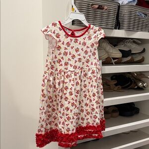 Girls White and Red Floral Casual Dress with Red Ruffle Hem